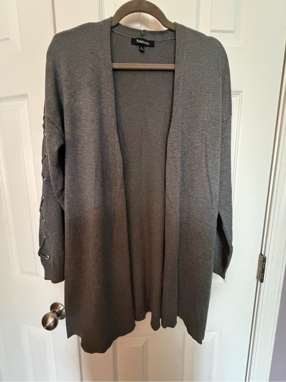 Relativity Gray Open-Front Cardigan with Lace-Up Sleeve Detail